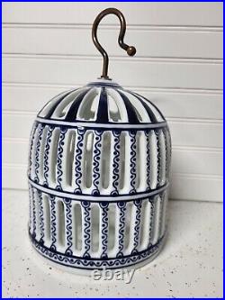 Vintage Victorian Blue & White Porcelain Bird Cage Decor