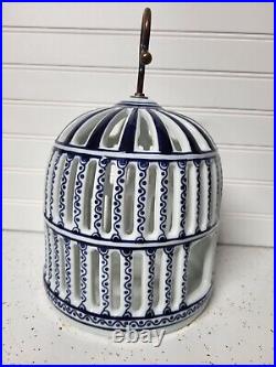 Vintage Victorian Blue & White Porcelain Bird Cage Decor