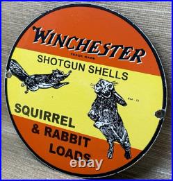 Vintage Winchester Porcelain Sign Dealership Shot Gun Bird Hunting Squirrel