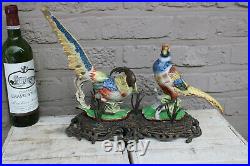 Vintage XL faience porcelain Bronze base couple birds statue
