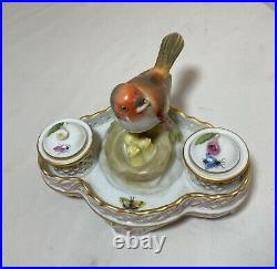 Vintage hand painted Hungarian Herend porcelain bird nest writing desk inkwell