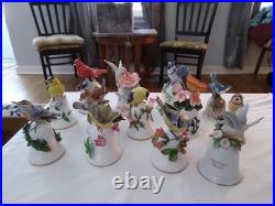 Vintg. 12 Ceramic/porcelain Bird Bells figurines Peter Barett apprx. 4.5 5