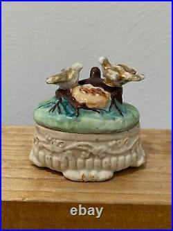 Vtg Antique Porcelain Fairing Box Trinket Box Birds & Nest with Eggs