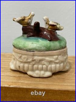 Vtg Antique Porcelain Fairing Box Trinket Box Birds & Nest with Eggs