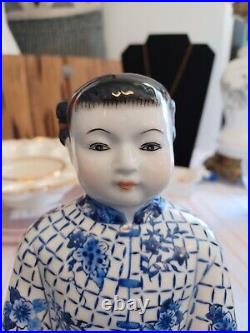 Vtg Blue White Porcelain Shelf Sit Brother/Sister Figurines Statue 12 Set