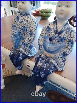 Vtg Blue White Porcelain Shelf Sit Brother/Sister Figurines Statue 12 Set
