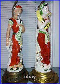 Vtg Pair MCM Porcelain Asian Oriental Figural Statue Brass Lamps Tropical Birds