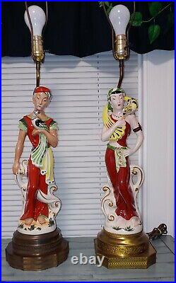 Vtg Pair MCM Porcelain Asian Oriental Figural Statue Brass Lamps Tropical Birds