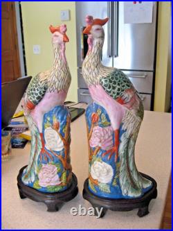 Vtg Pair of Chinese Famille Rose Porcelain Phoenix Bird Figurines Floral withBase