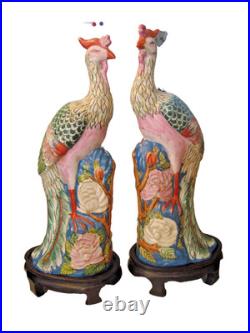 Vtg Pair of Chinese Famille Rose Porcelain Phoenix Bird Figurines Floral withBase