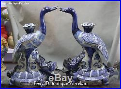White Blue Porcelain Cranes Bird Dragon tortoise Turtle Candle Candlestick Pair
