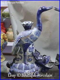 White Blue Porcelain Cranes Bird Dragon tortoise Turtle Candle Candlestick Pair