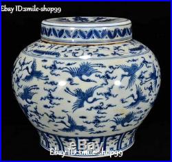White Blue Porcelain Red-Crowned Crane Bird Animal Tank Jar Crock Pot Cylinder