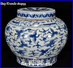 White Blue Porcelain Red-Crowned Crane Bird Animal Tank Jar Crock Pot Cylinder