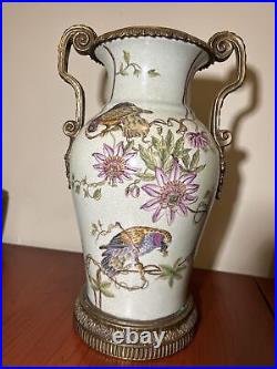 Wong Lee signed Chinese porcelain bronze parrot bird chinoiserie vases