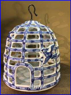XL Victorian Blue & White Porcelain Bird Cage, Feeder, Decor 16 Tall X 14Dia