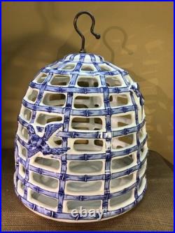 XL Victorian Blue & White Porcelain Bird Cage, Feeder, Decor 16 Tall X 14Dia