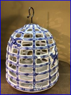 XL Victorian Blue & White Porcelain Bird Cage, Feeder, Decor 16 Tall X 14Dia
