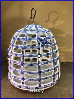 XL Victorian Blue & White Porcelain Bird Cage, Feeder, Decor 16 Tall X 14Dia
