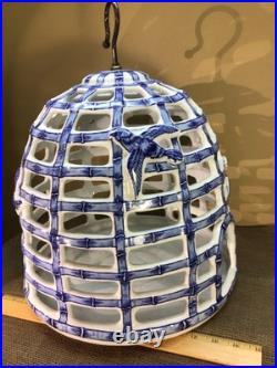 XL Victorian Blue & White Porcelain Bird Cage, Feeder, Decor 16 Tall X 14Dia