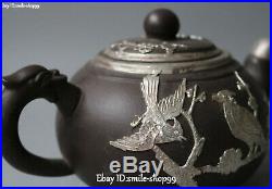 Yixing Zisha Pottery Porcelain Silver Magpie Bird Plum Wine Kettle Teapot Flagon