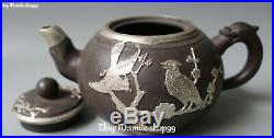Yixing Zisha Pottery Porcelain Silver Magpie Bird Plum Wine Kettle Teapot Flagon